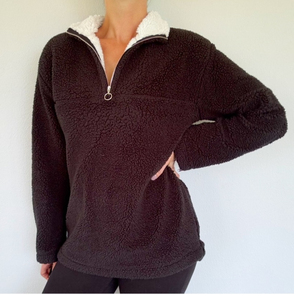 Fashion Nova black fuzzy Sherpa fleece quarter zip pullover sweatshirt medium
